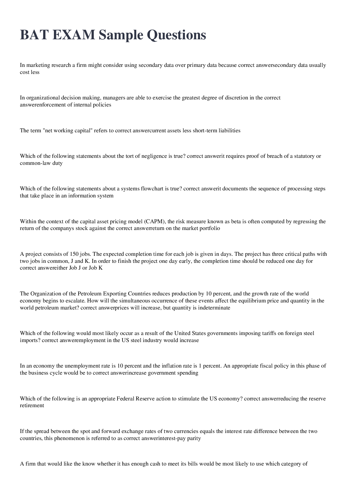 Preview image for BAT EXAM Sample Questions And Answers 2022/2023